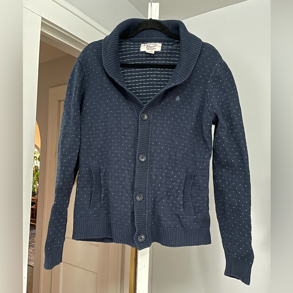 Vintage Navy Knit Sweater Button Up Cardigan Penguin